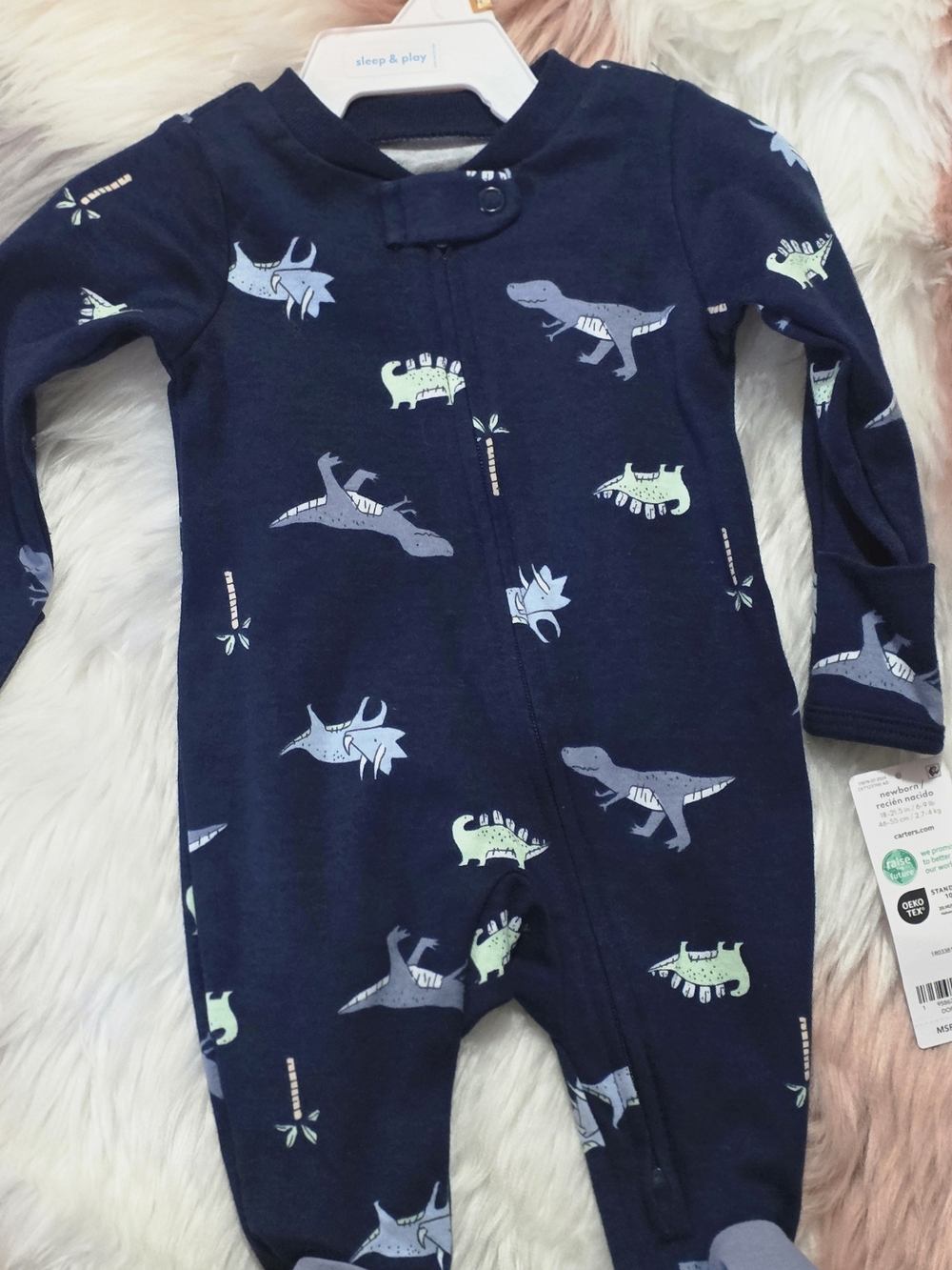 NCarter's Navy Dinosaur Footed One-Piece with Light Blue & Mint Prints NB ,3,6M